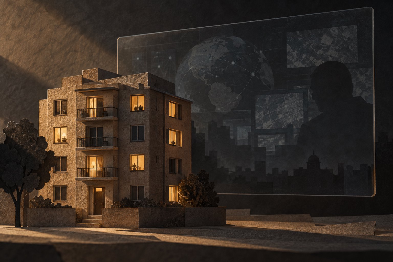 Conceptual illustration of a warmly lit apartment building beside a dark surveillance screen with a human silhouette.