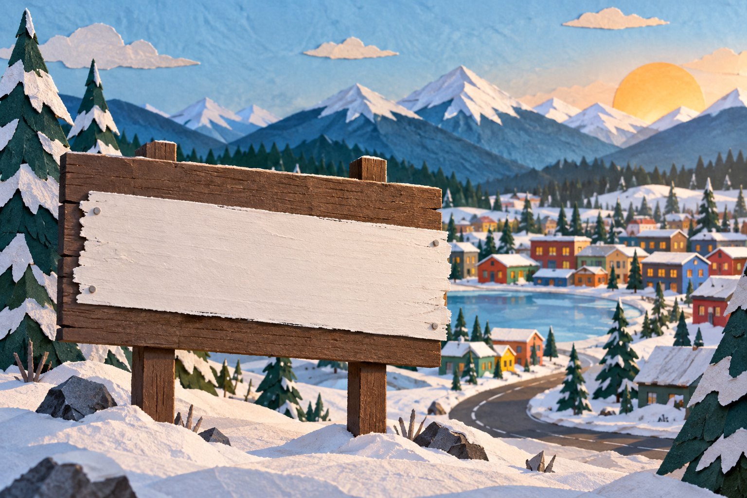 A layered-paper illustration of a blank town sign overlooking a snowy mountain neighborhood.