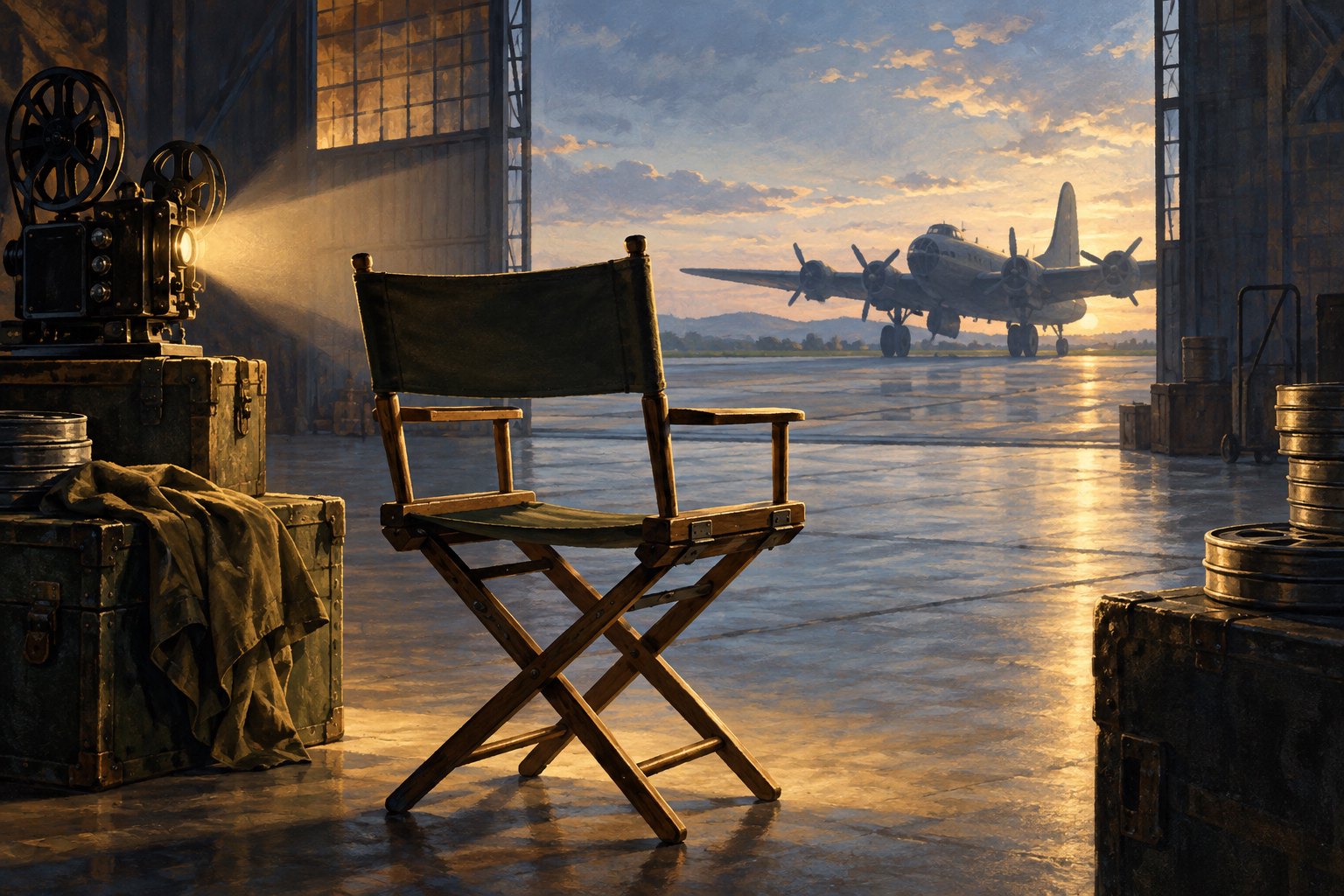 Concept illustration of an empty director’s chair in an aircraft hangar, with a propeller plane silhouetted beyond the doors.