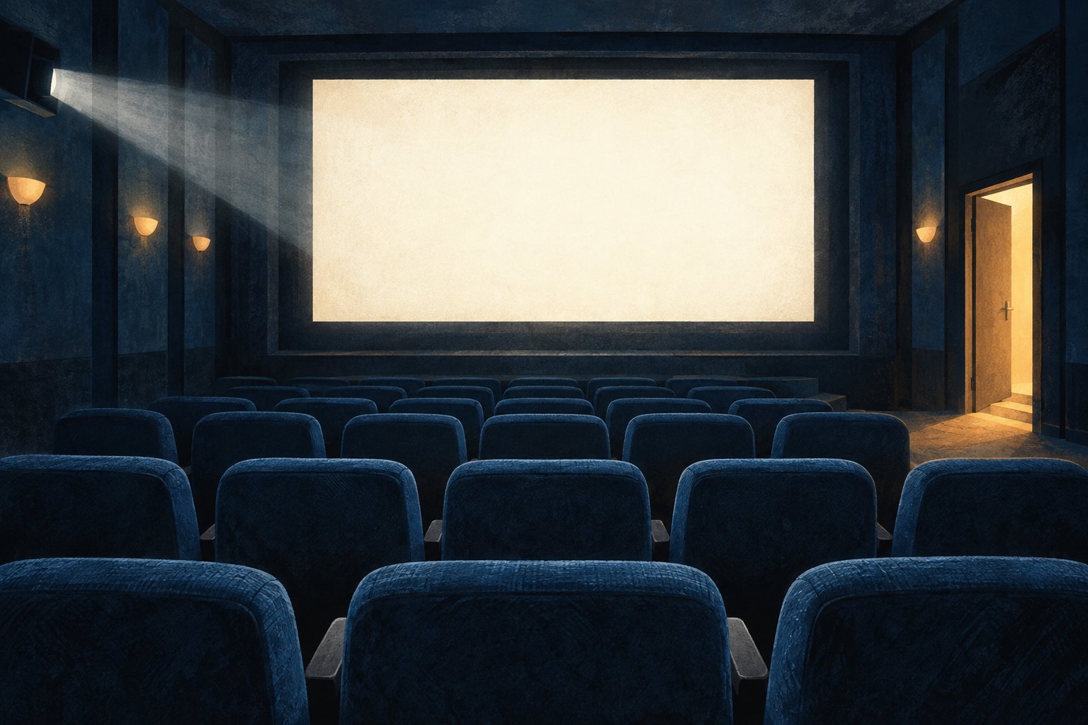 Symbolic illustration of an empty cinema with blue seats, a blank illuminated screen, and an open doorway casting warm light.