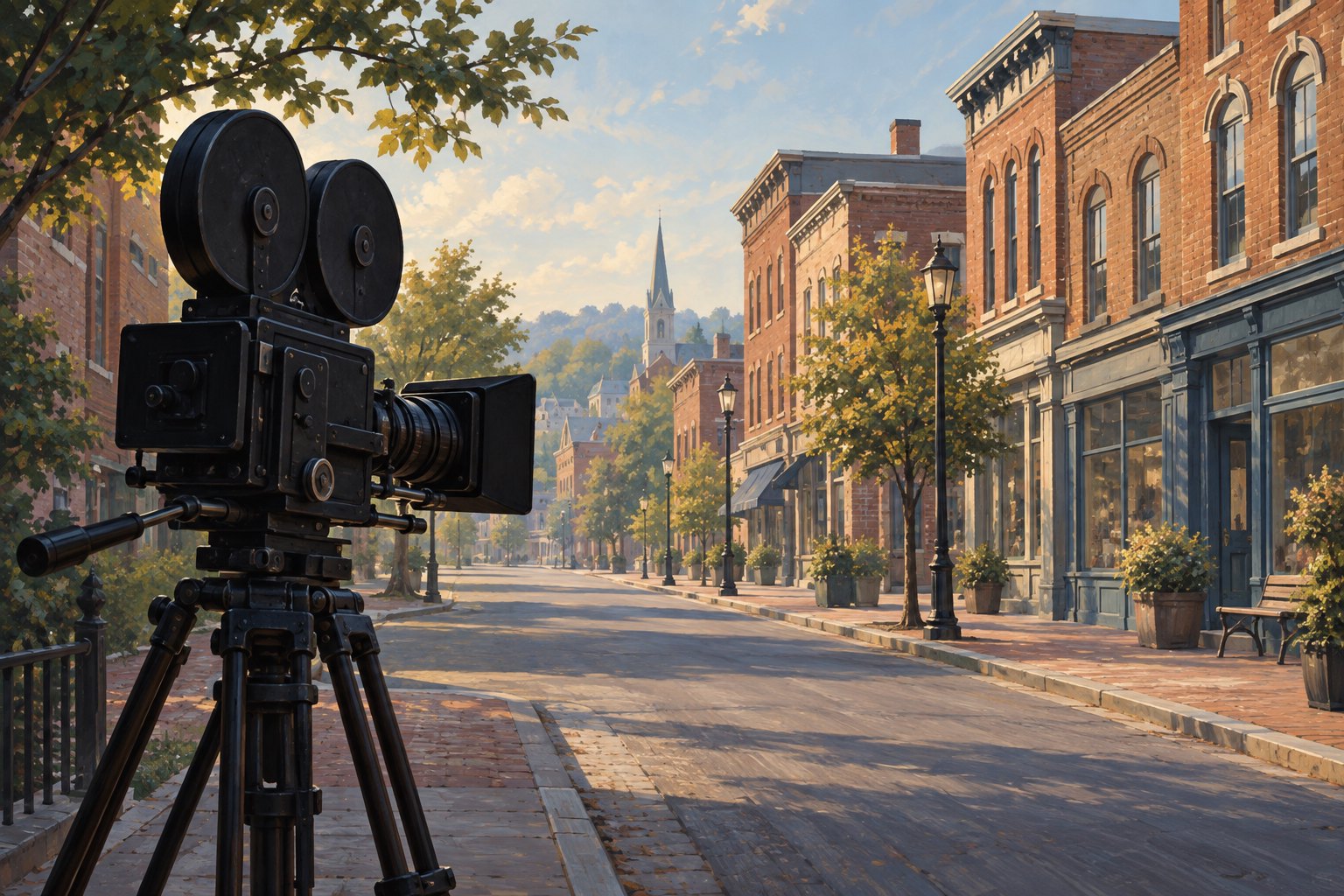Conceptual illustration of a movie camera on a tripod facing a sunlit street lined with brick buildings.