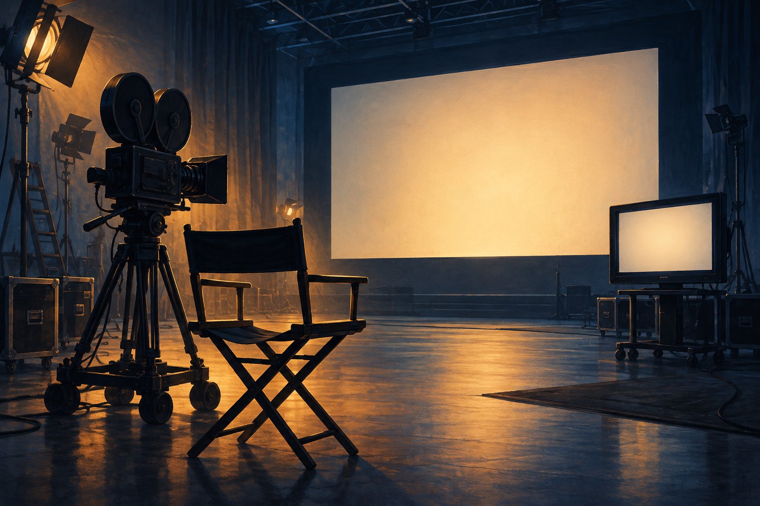 Conceptual illustration of an empty director’s chair and cinema camera facing a large screen and a smaller television monitor.