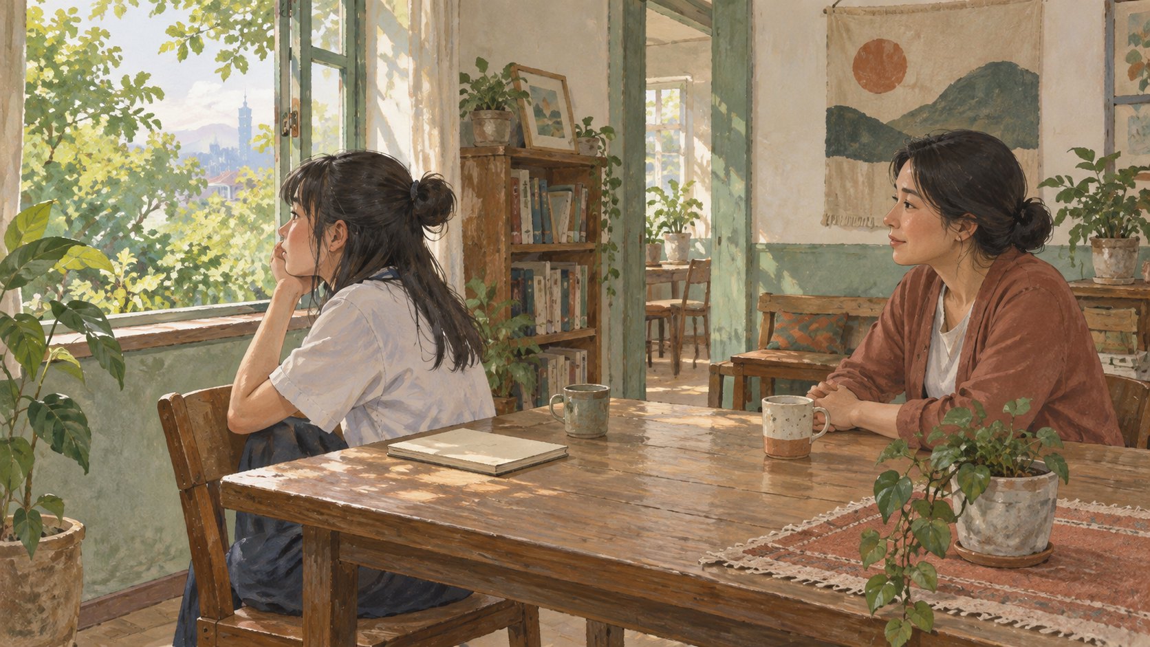 原創概念插畫:女孩望向窗外綠樹,成年女性隔著木桌安靜陪伴,保留自在的談話距離