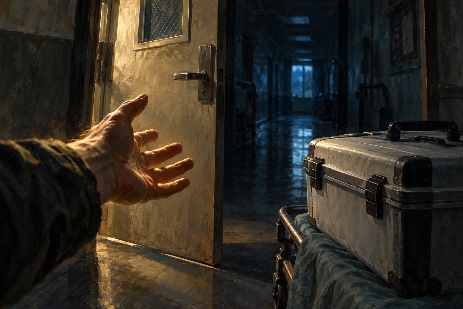 Concept illustration of an outstretched hand beside a medical transport case and an open door leading into a dark corridor.