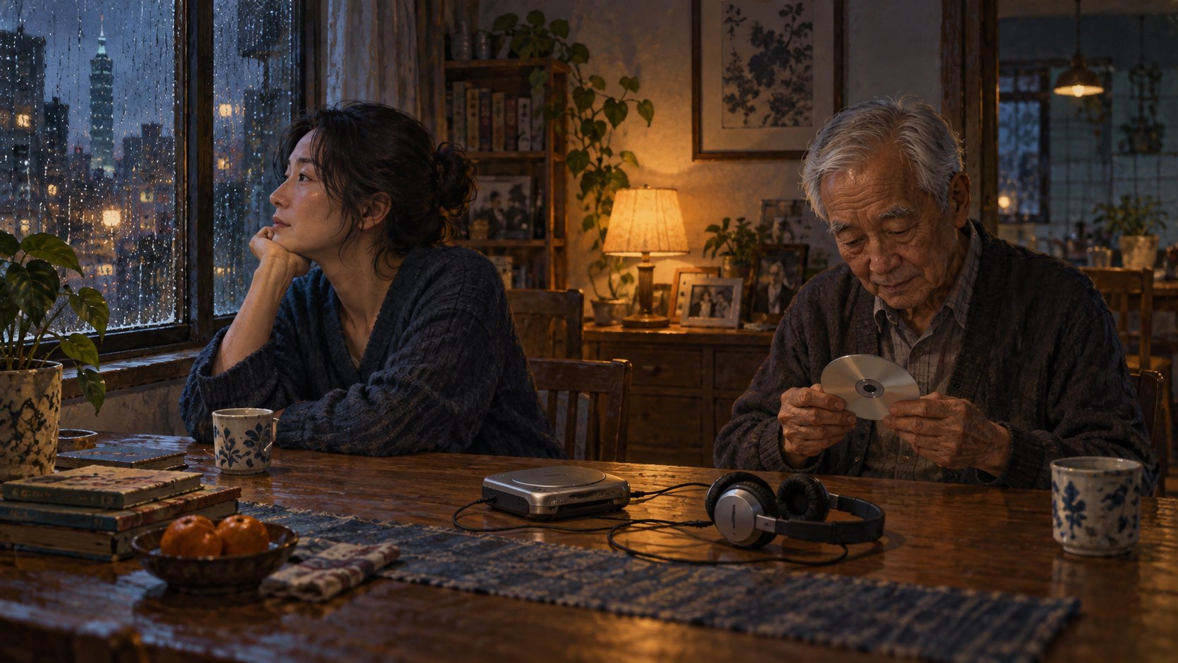 雨夜室內,年輕女子與年長男子坐在放有光碟播放器的桌旁,呈現不同世代回望音樂記憶的概念插畫