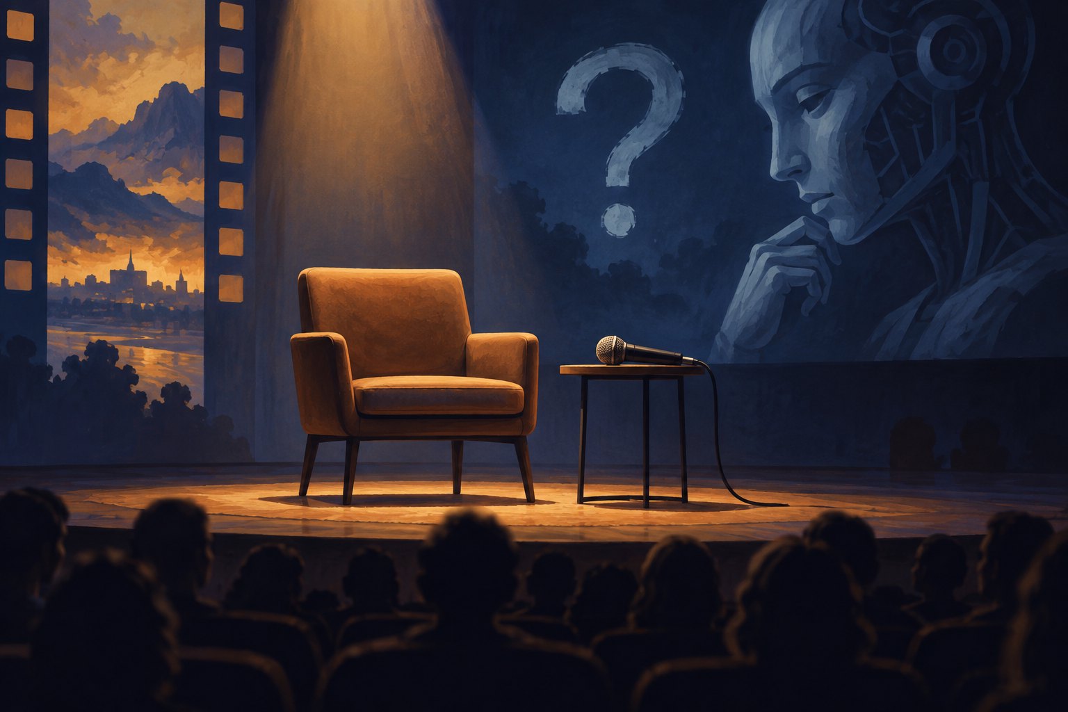 Editorial illustration of an empty festival stage chair and microphone beneath a spotlight, with an audience and a mechanical face in the background.
