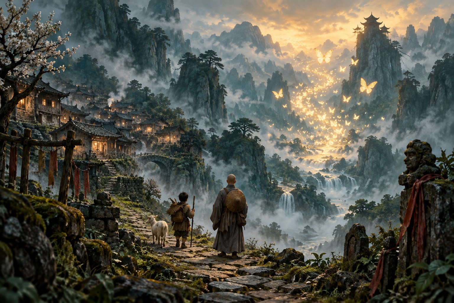 原创意象插画:羊倌与僧人的背影立于山间石路,远处雾谷中金色蝴蝶飞舞,非影片剧照