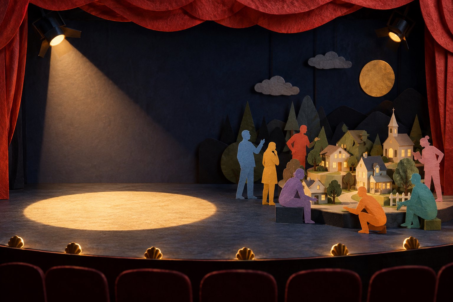 A paper theater with an empty spotlight beside colorful figures gathered around a miniature neighborhood.