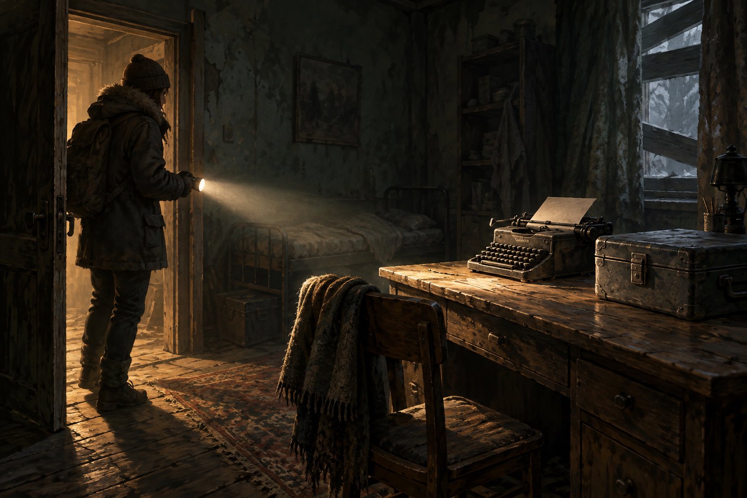 Concept illustration of a traveler shining a flashlight into a dim room containing a typewriter and a metal case.