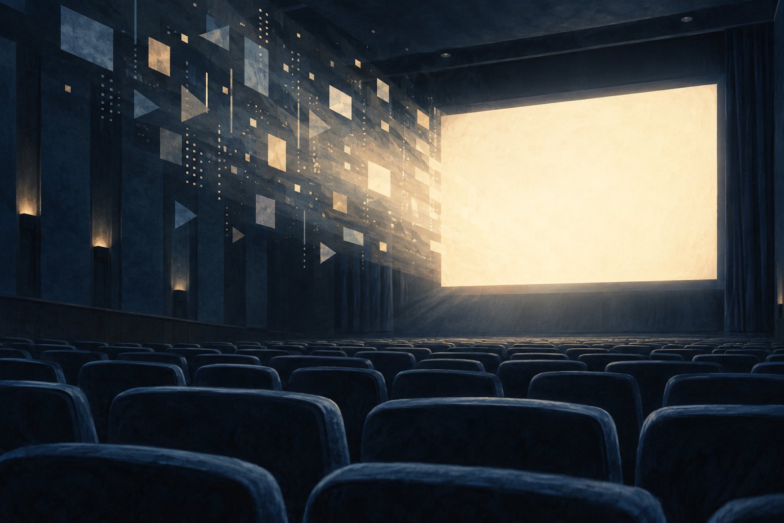 Conceptual illustration of an empty cinema with a glowing screen and geometric fragments suspended in the projected light.