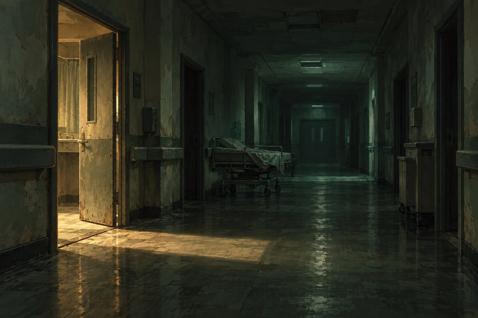 Conceptual illustration of an abandoned hospital corridor with a gurney and light spilling through an open door.