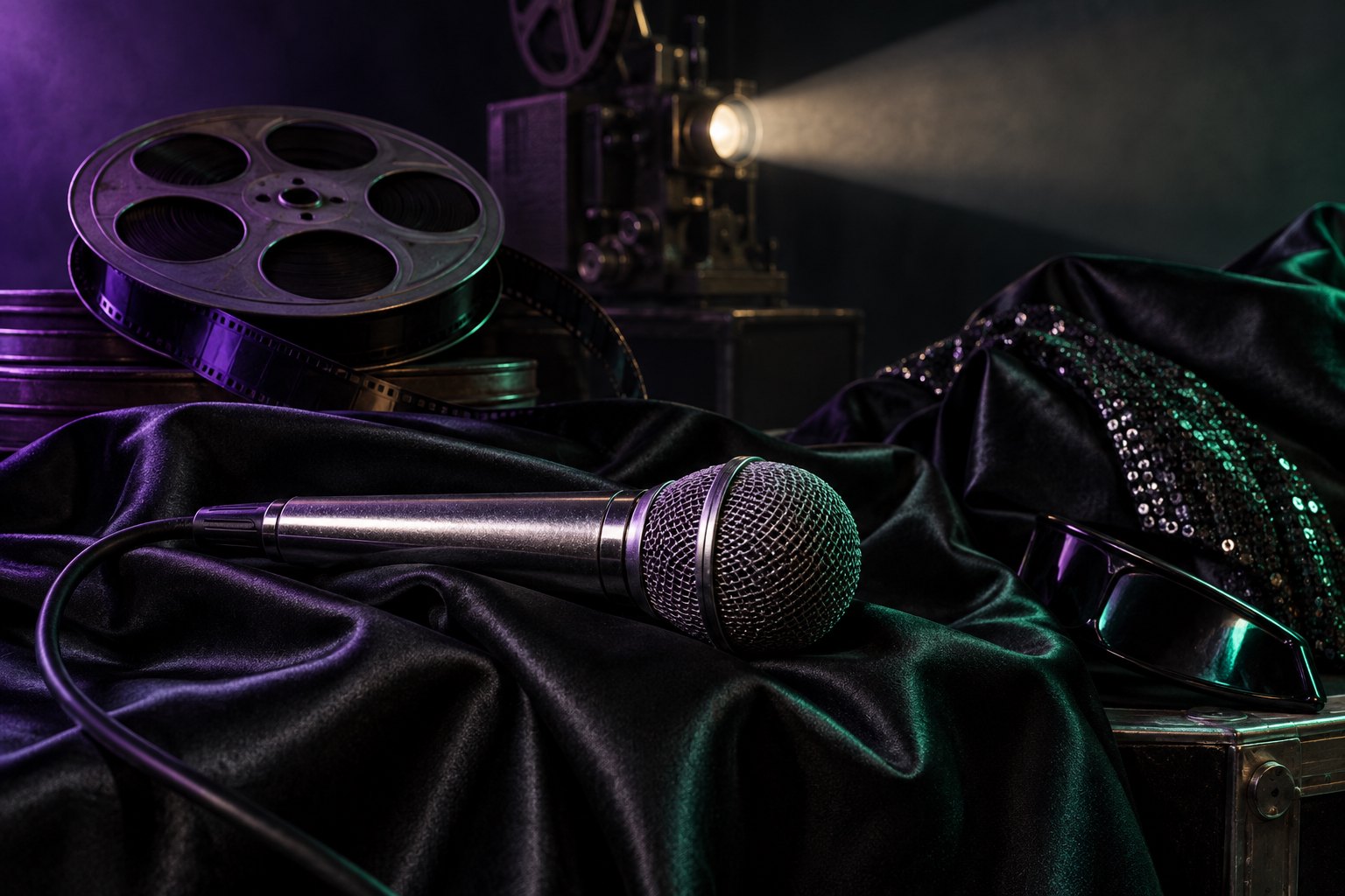 Conceptual still life of a silver microphone on black fabric beside film reels and a glowing projector.