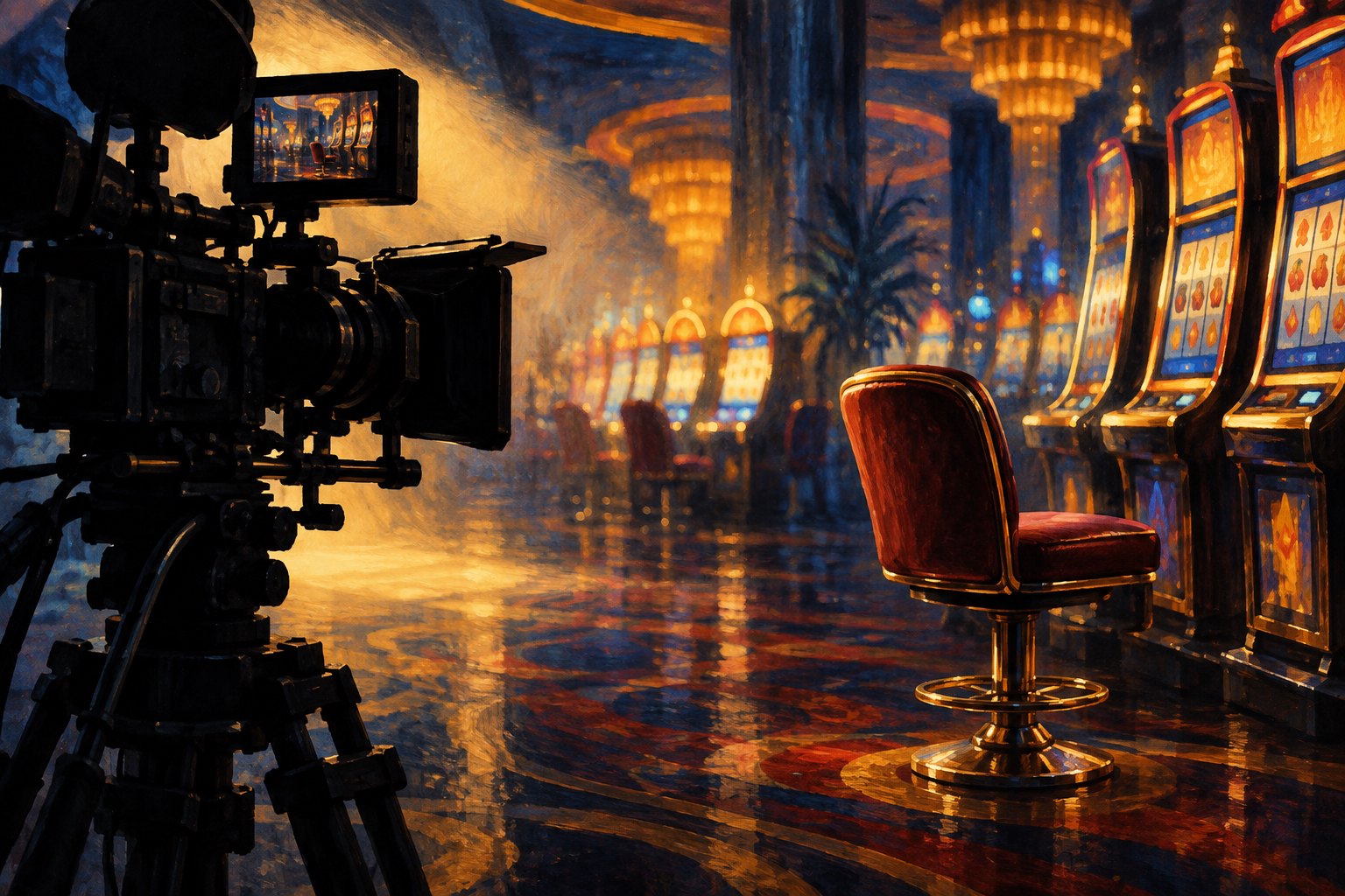 Conceptual illustration of a cinema camera facing an empty casino chair and glowing slot machines.