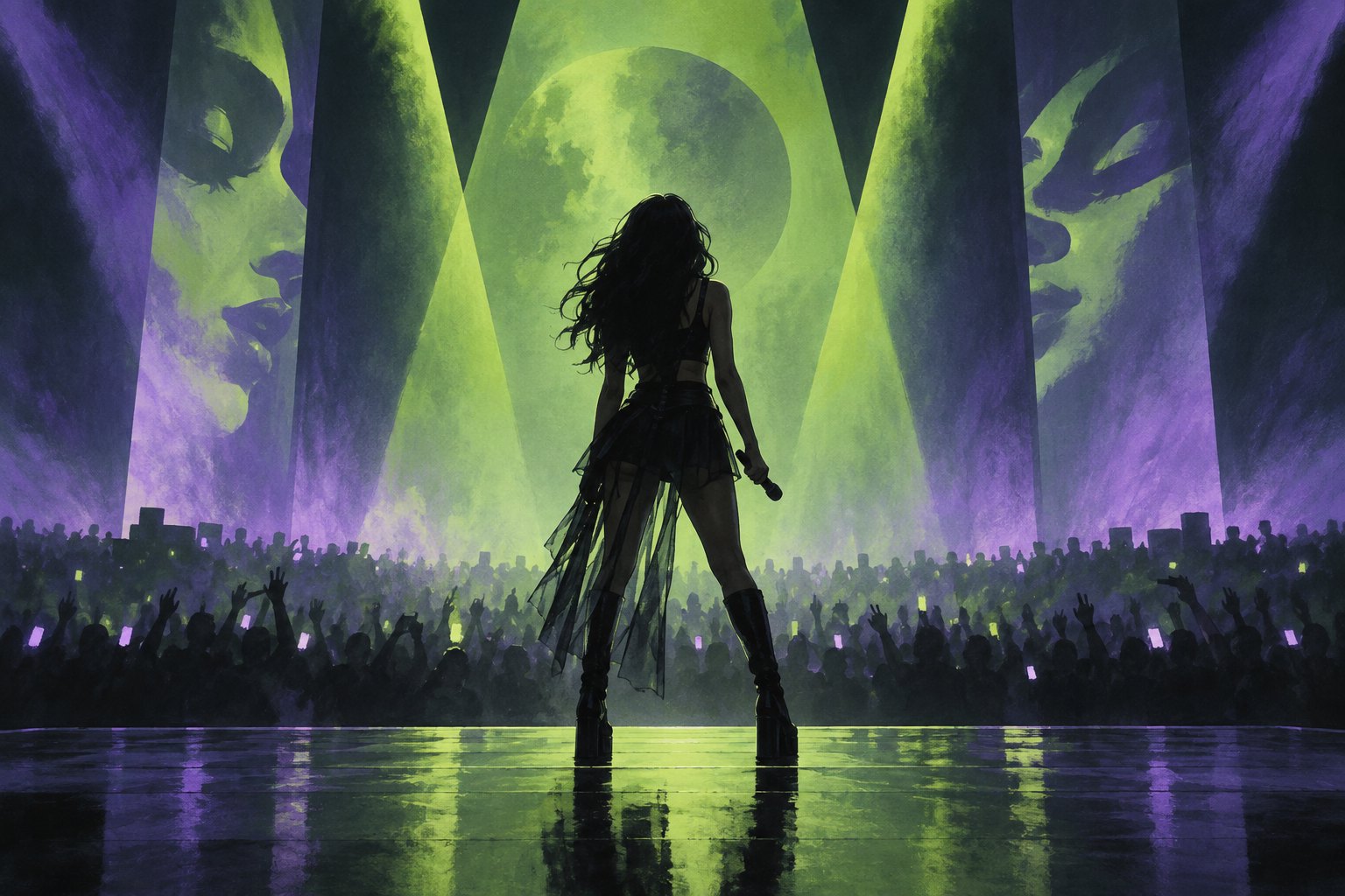Conceptual illustration of a silhouetted pop performer facing a crowd beneath green and violet stage lights.