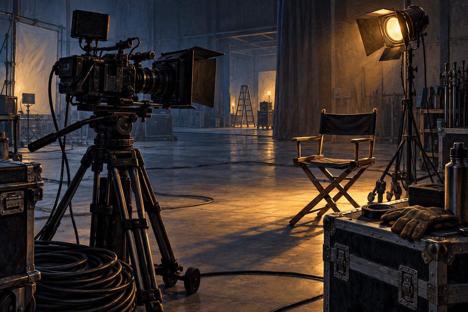 Editorial illustration of a cinema camera, empty crew chair, and work gloves on a dimly lit soundstage.