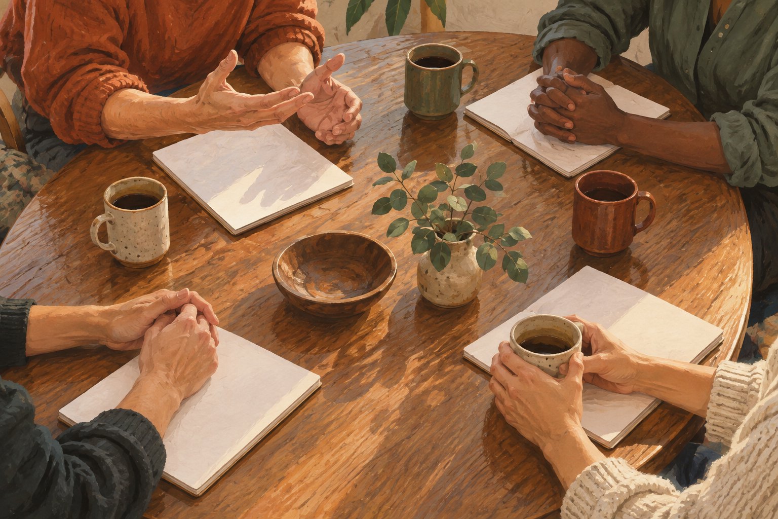 Conceptual illustration of four performers’ hands around a rehearsal table with unmarked pages and ceramic mugs.