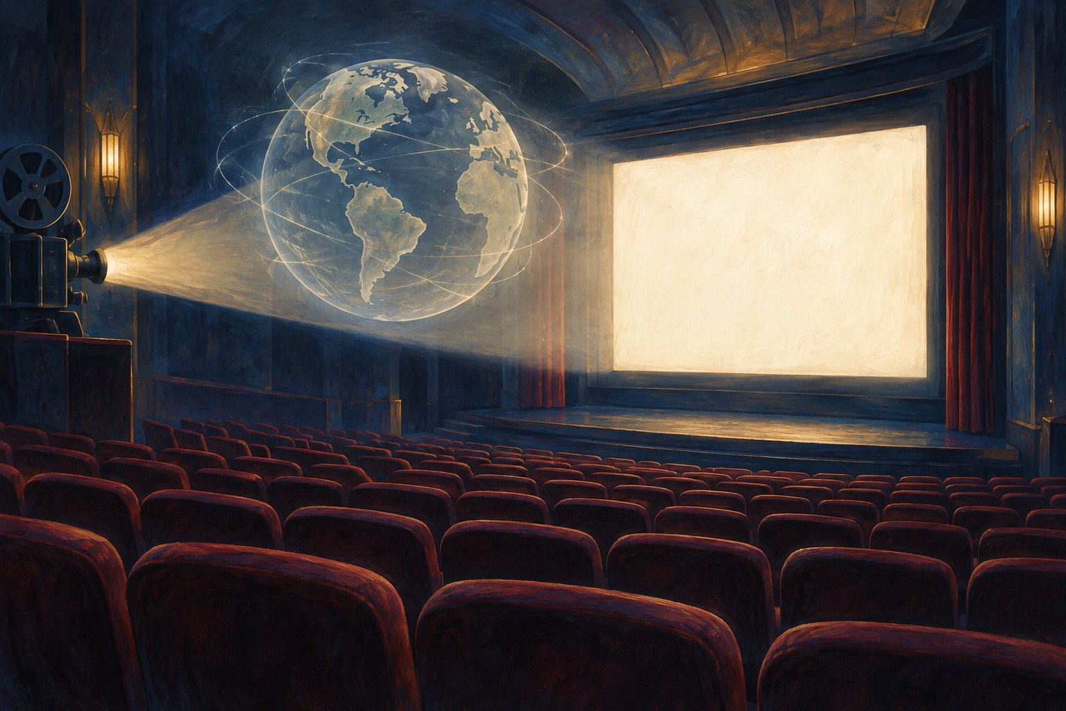 Conceptual illustration of an empty movie theater with a translucent globe suspended in the projector beam.