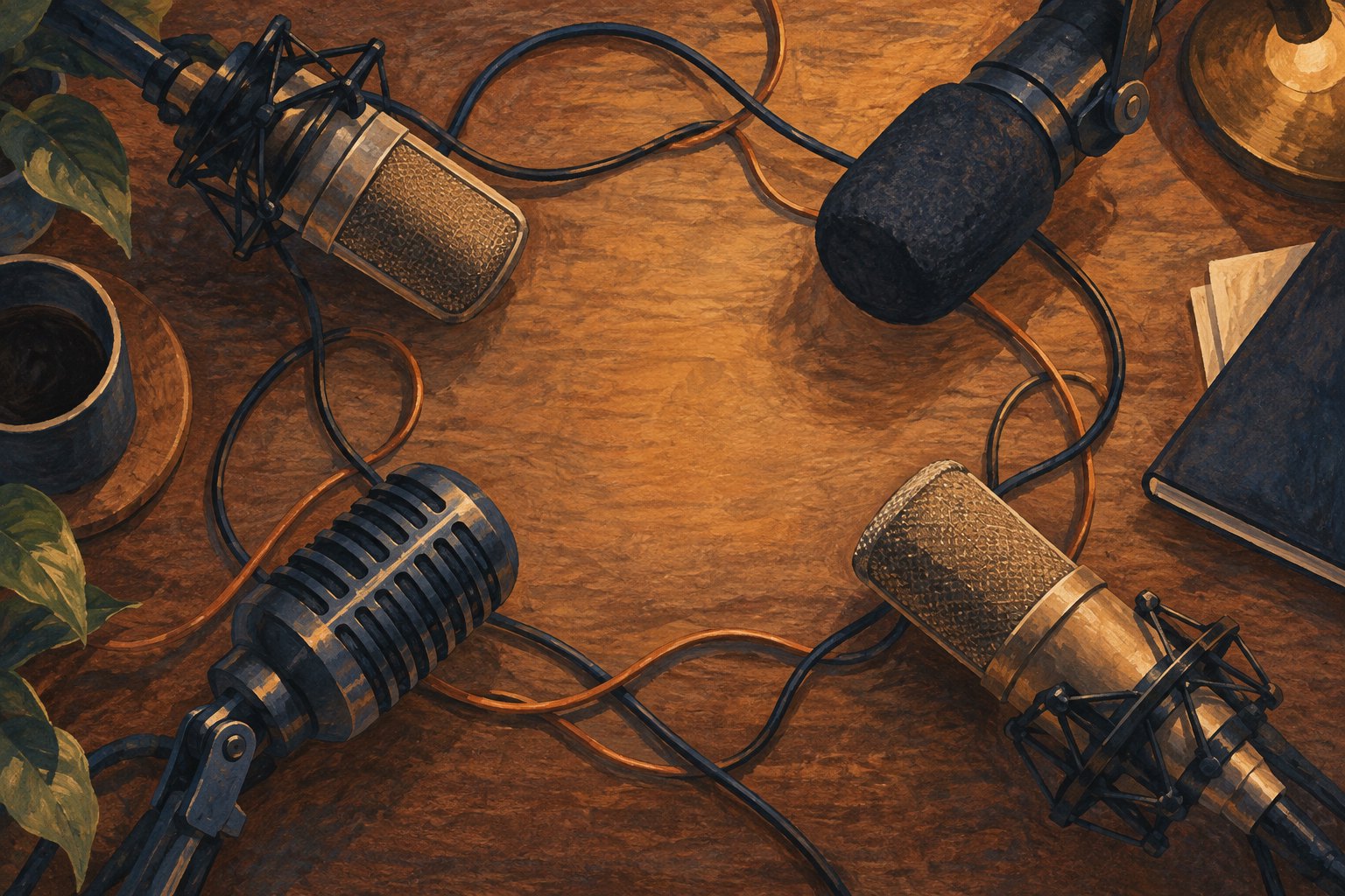 Conceptual illustration of four studio microphones and intertwined cables arranged on a wooden table.