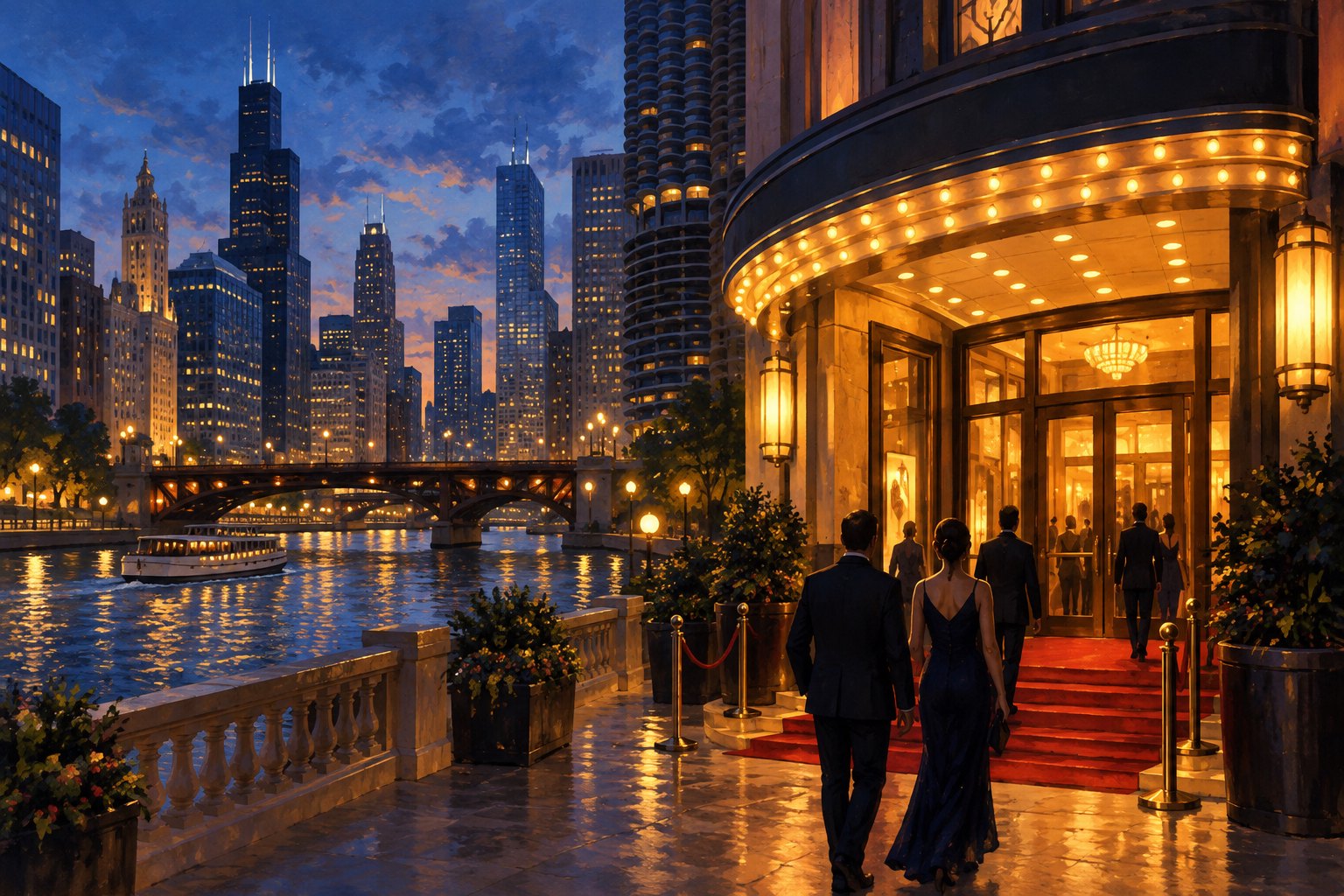 Editorial illustration of filmgoers approaching a warmly lit cinema beside the Chicago River at dusk.