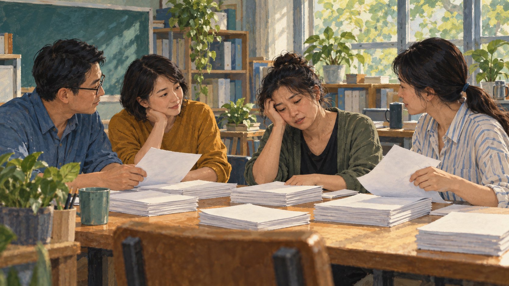 原創概念插畫：教師們圍桌傾聽疲憊同事並分擔工作，呈現敬師敘事中的支持與合作