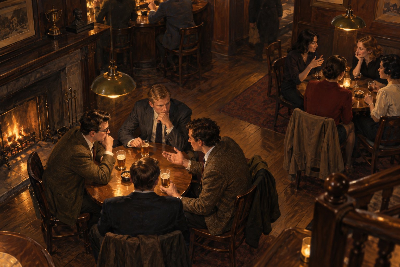 Conceptual illustration of graduate students discussing strategy at a tavern table while women converse independently nearby.