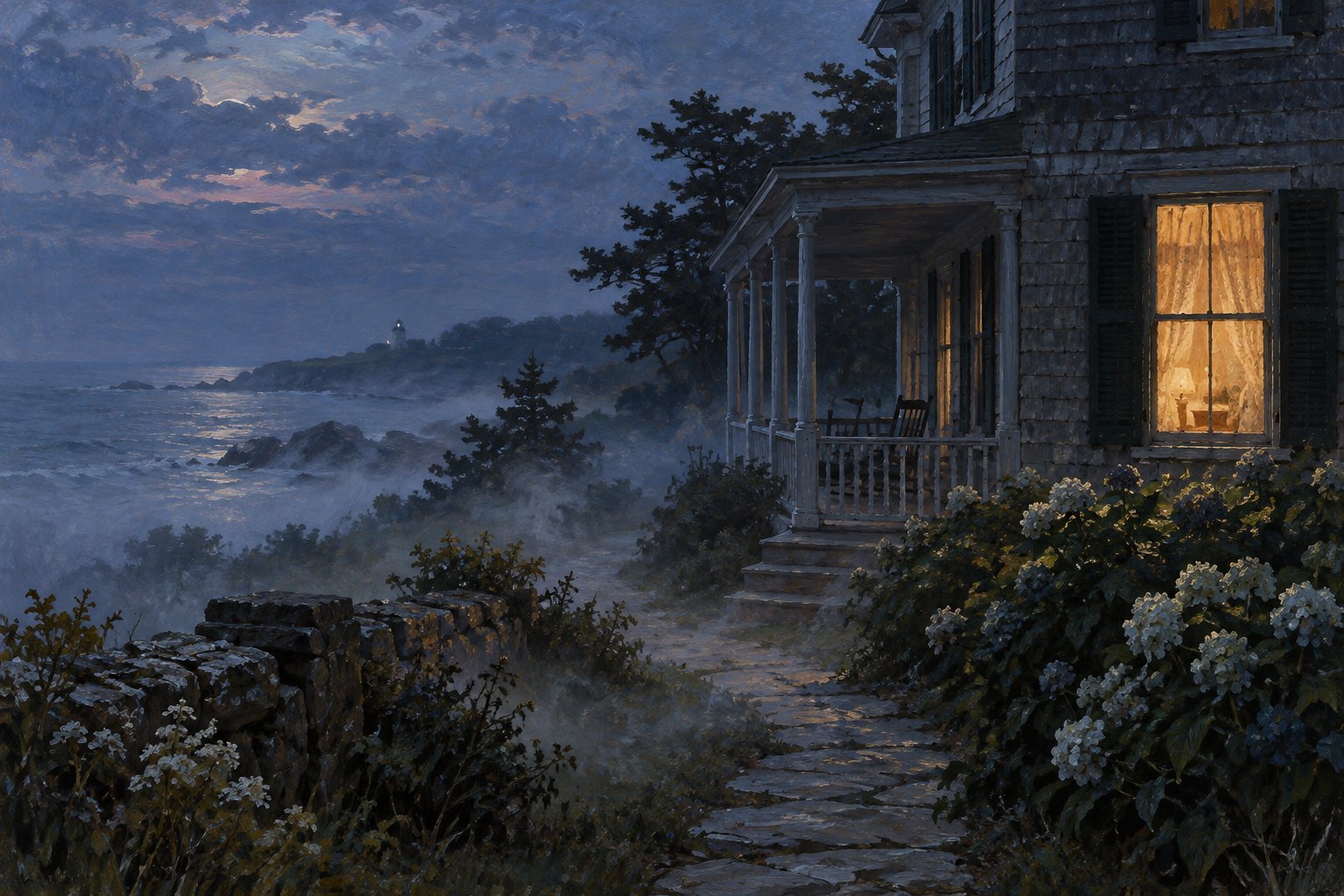 Painterly illustration of a coastal summer house surrounded by twilight fog, with warm light glowing through a downstairs window.