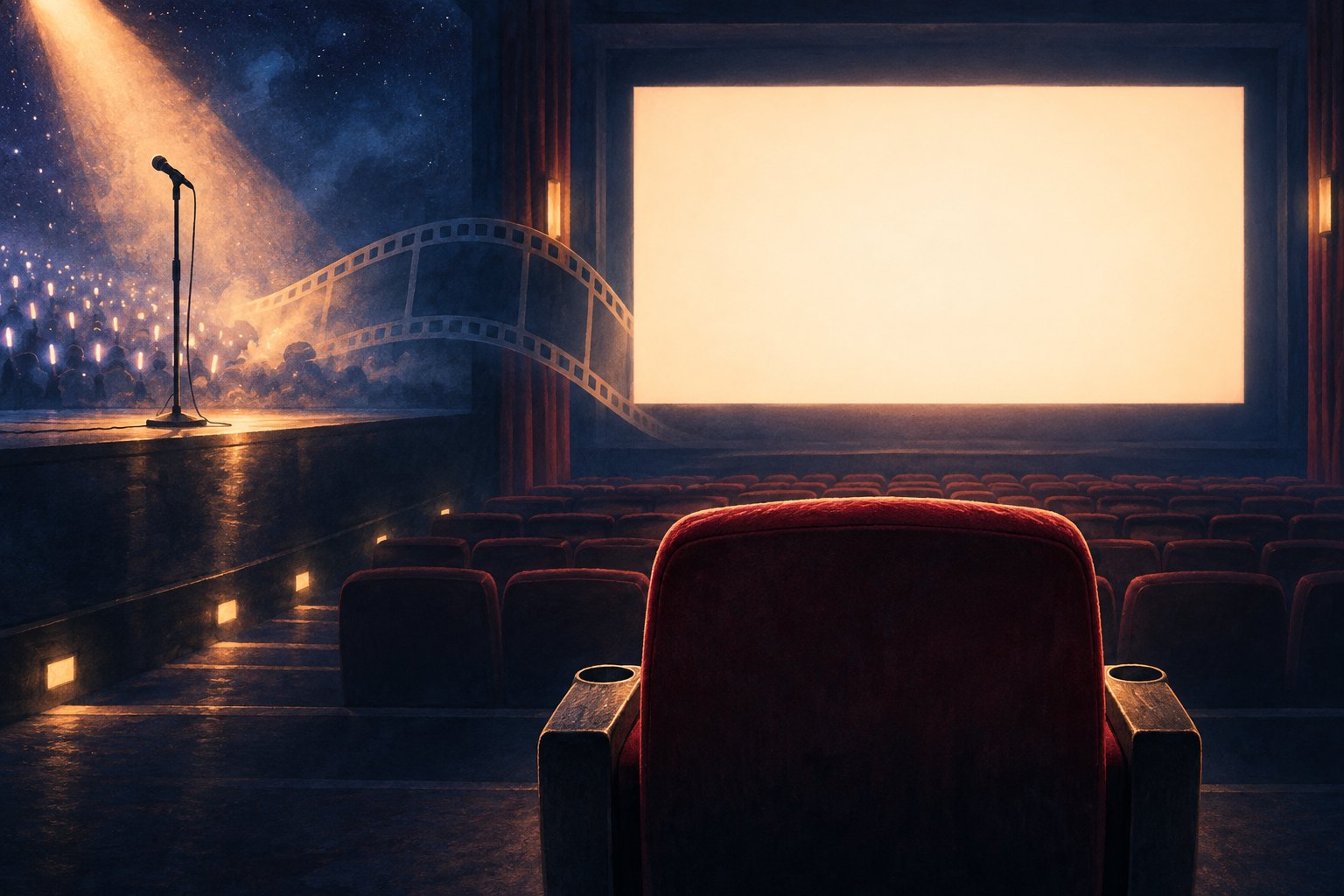 Conceptual illustration connecting a spotlighted microphone to a glowing cinema screen, with a red theater seat in the foreground.