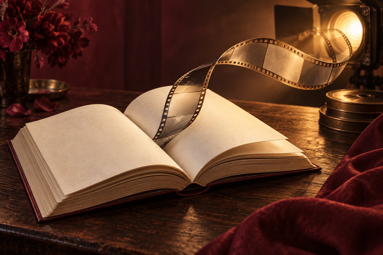 Conceptual illustration of an open blank book with a curling filmstrip reaching toward a warm studio light.