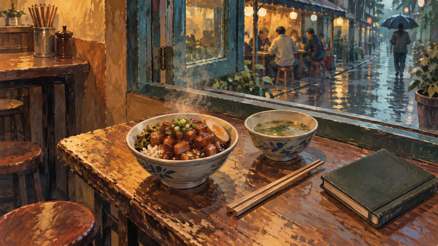 原創概念插畫:小吃店木桌上的滷肉飯、熱湯與筆記本,窗外映著雨中街道和用餐人影