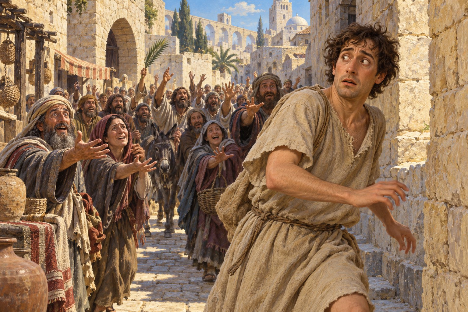 Painterly illustration of a bewildered young man in an ancient stone alley looking for escape as an eager crowd follows him.