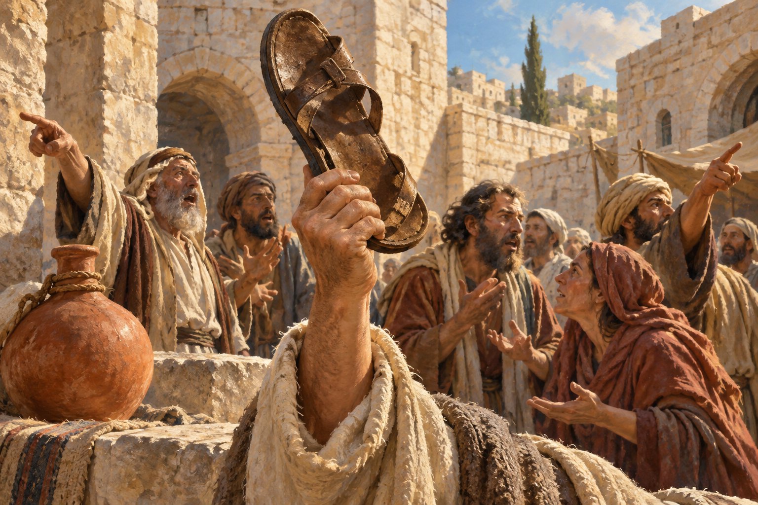 Painterly illustration of a leather sandal held above arguing townspeople beside a clay vessel in an ancient courtyard.