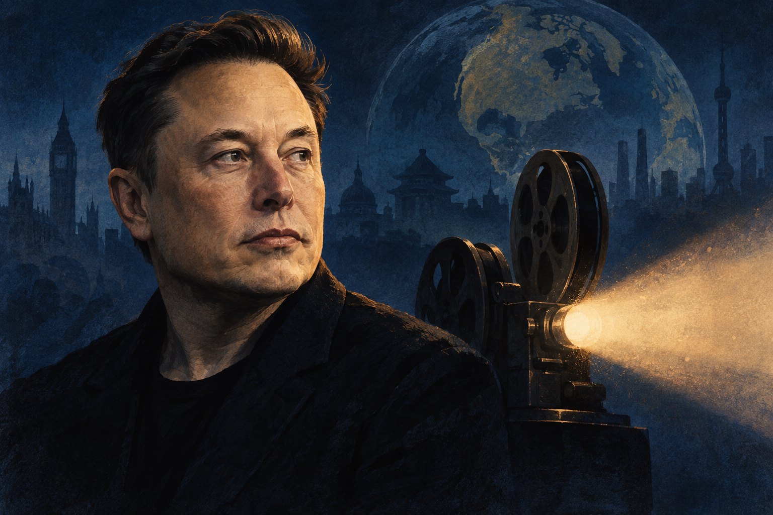 Editorial illustration of Elon Musk beside a glowing film projector, with a globe and city silhouettes in the background.