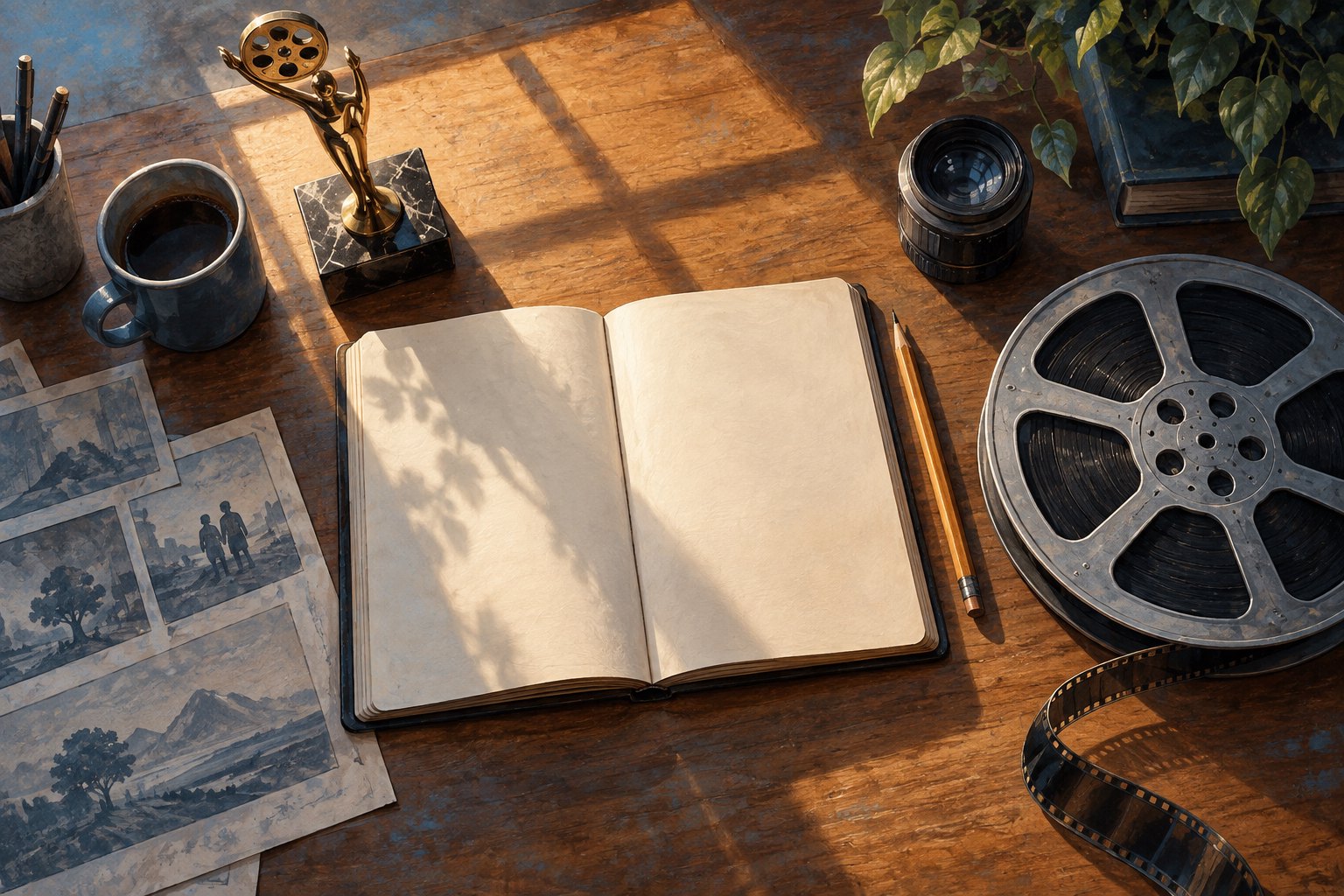 Conceptual illustration of an open blank notebook beside a film reel, camera lens, and small trophy on a sunlit wooden desk.