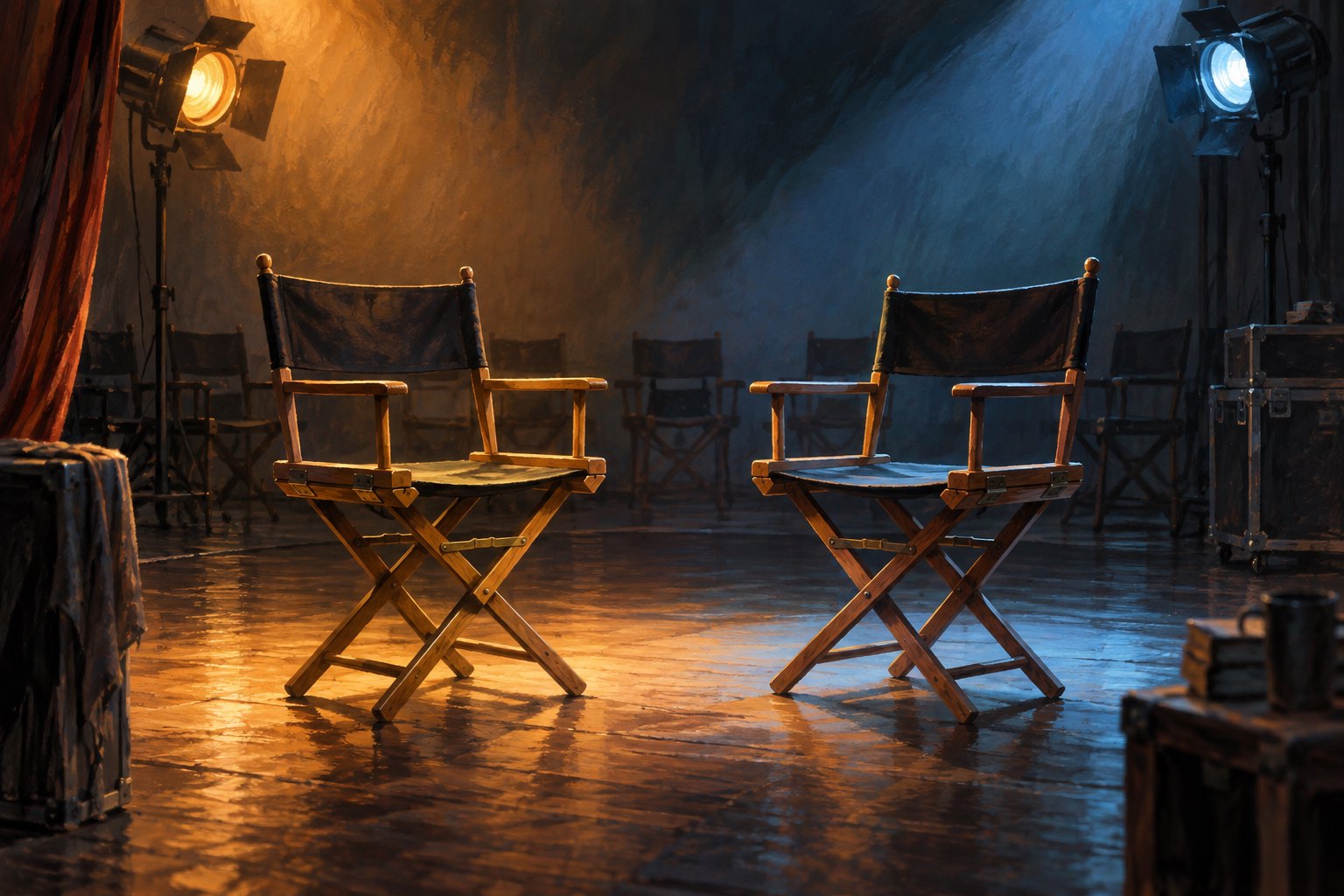Conceptual illustration of two empty director chairs under amber and blue stage lights, with additional chairs in the shadows.