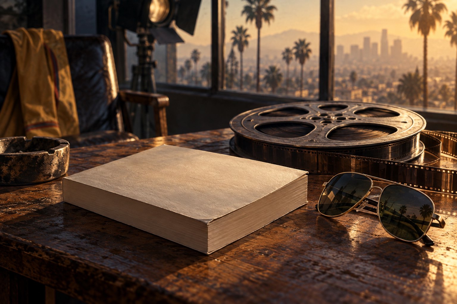 An unmarked paperback, film reel, and aviator sunglasses on a wooden table overlooking sunlit Los Angeles palms.