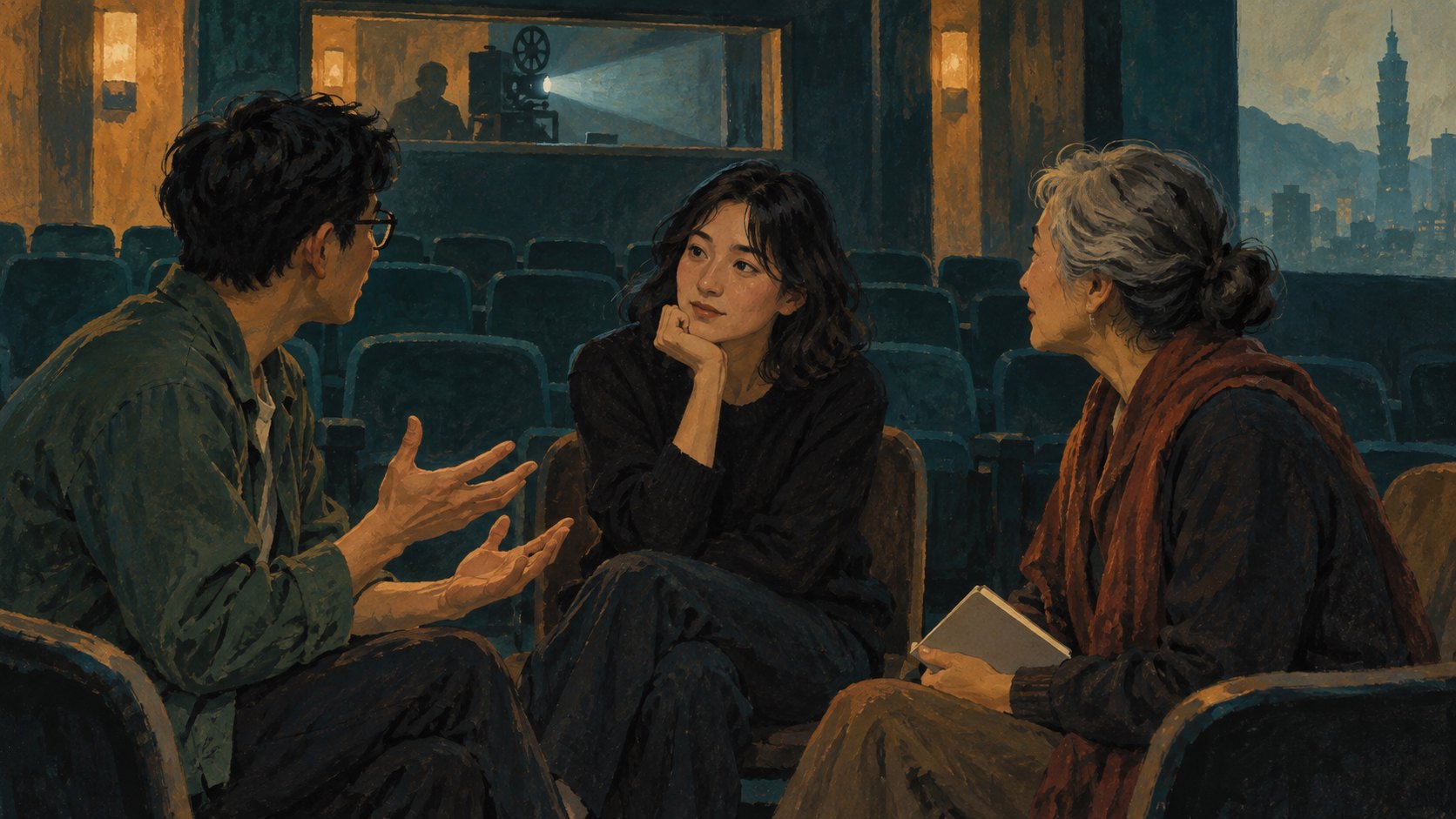 原創概念插畫:不同世代的觀眾坐在戲院座椅間交談與傾聽,呈現映後交流的情境,非活動現場紀錄。
