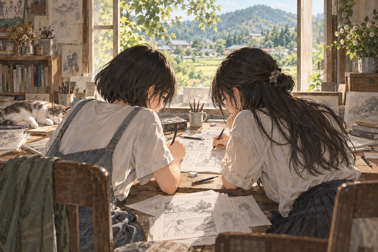 原创主题插画:两名少女并肩坐在窗前木桌旁绘画,阳光照亮画稿