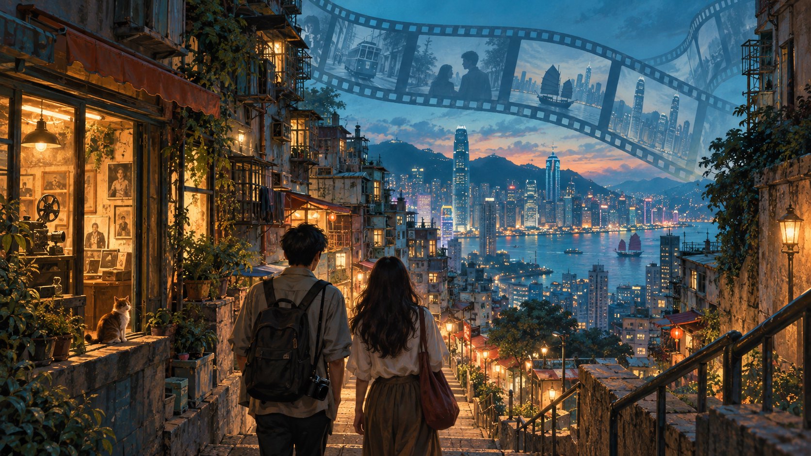 兩名影迷走在暮色中的香港風格階梯街道,半透明膠卷串起城市記憶的概念插畫