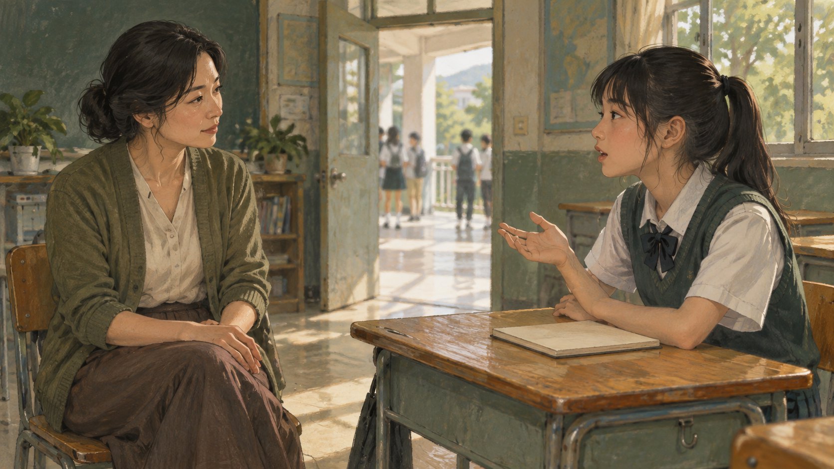 概念插畫:學生坐在課桌旁表達想法,老師保持距離專注聆聽