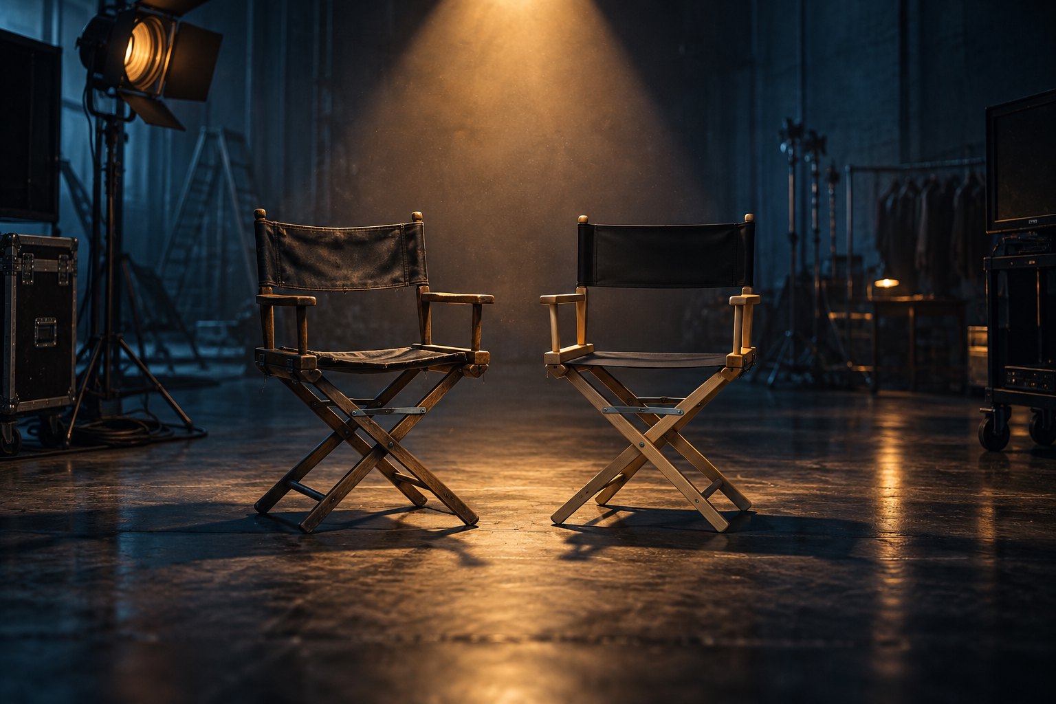 Conceptual editorial illustration of two empty actor chairs beneath an amber spotlight on a dark soundstage.