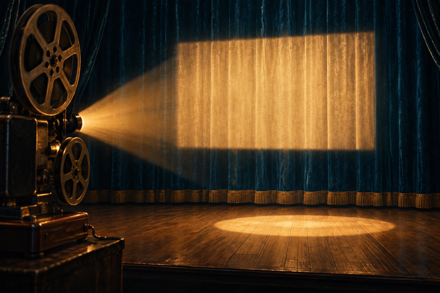 Conceptual illustration of a cinema projector casting warm light toward blue theater curtains and an empty stage.