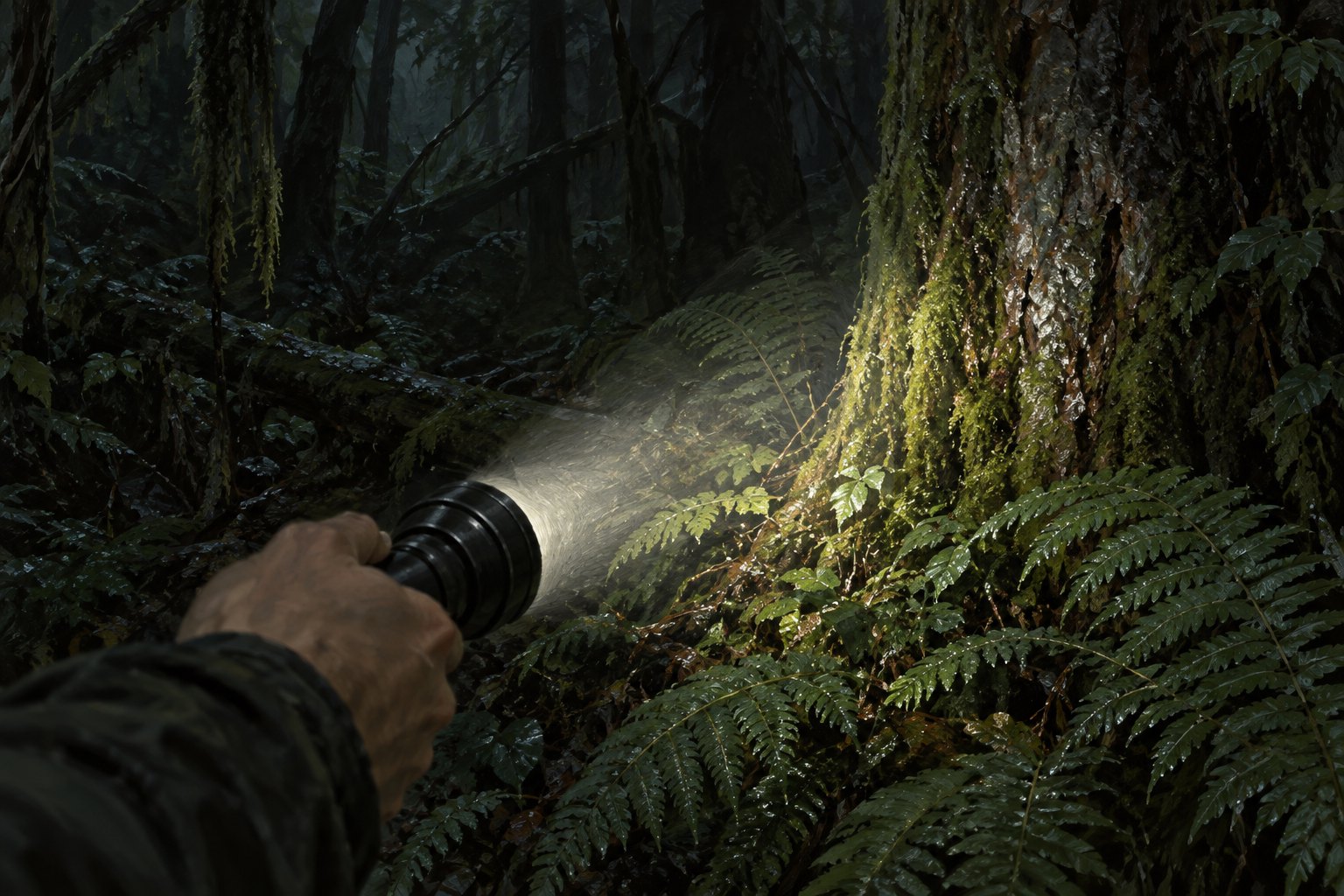 Conceptual illustration of a hand holding a flashlight that illuminates mossy bark and ferns in a dark forest.