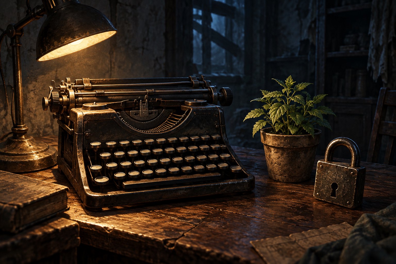 Original editorial still life of a vintage typewriter, a potted green herb, and a padlock under a warm desk lamp.