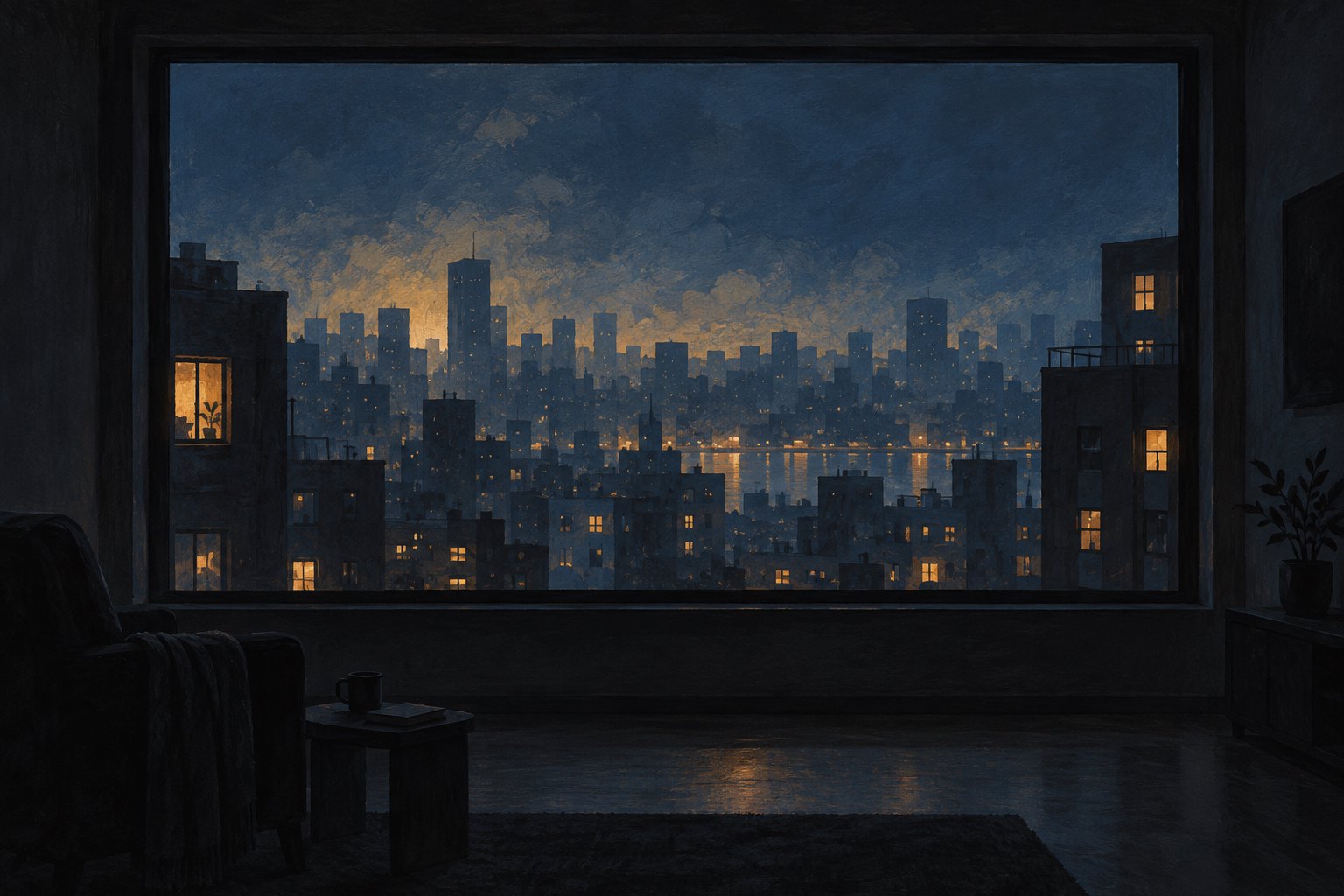 Symbolic illustration of a dark window framing a quiet city skyline with illuminated apartment windows at night.