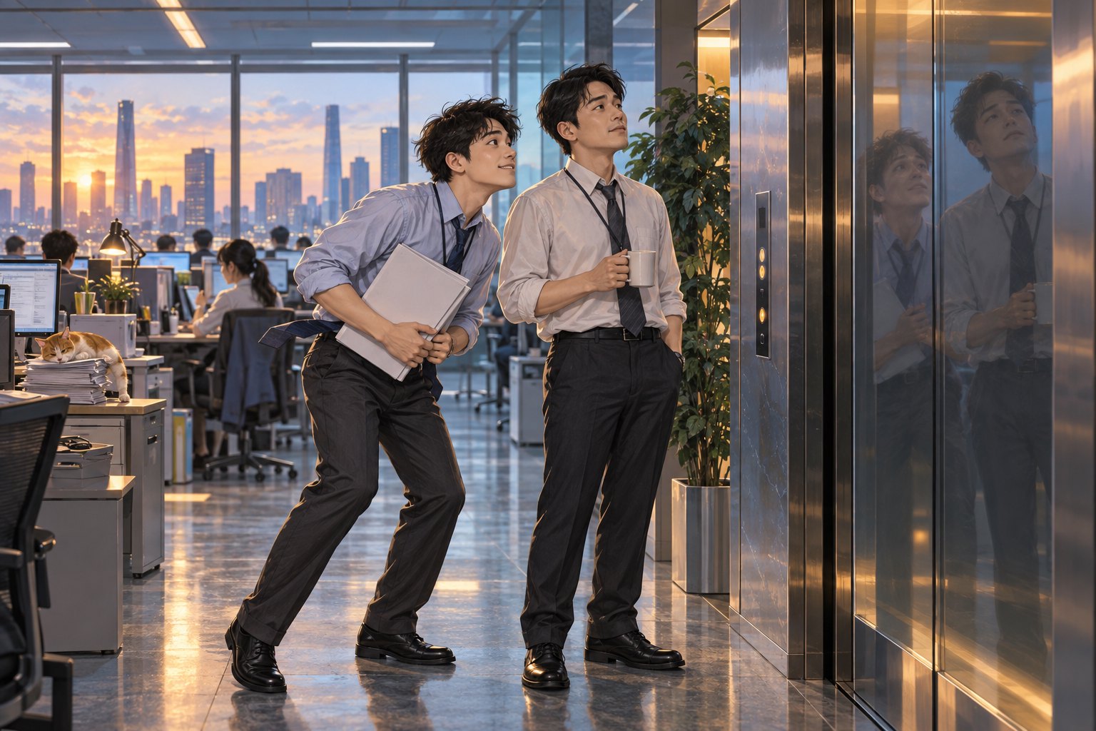 两名职员在办公室电梯前呈现积极与谨慎的不同姿态,原创职场主题插画,非电影剧照