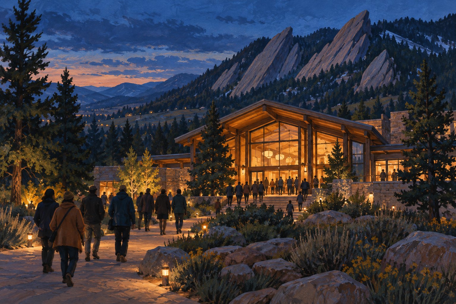 Conceptual illustration of moviegoers approaching a warmly lit timber auditorium beneath rocky foothills at dusk.