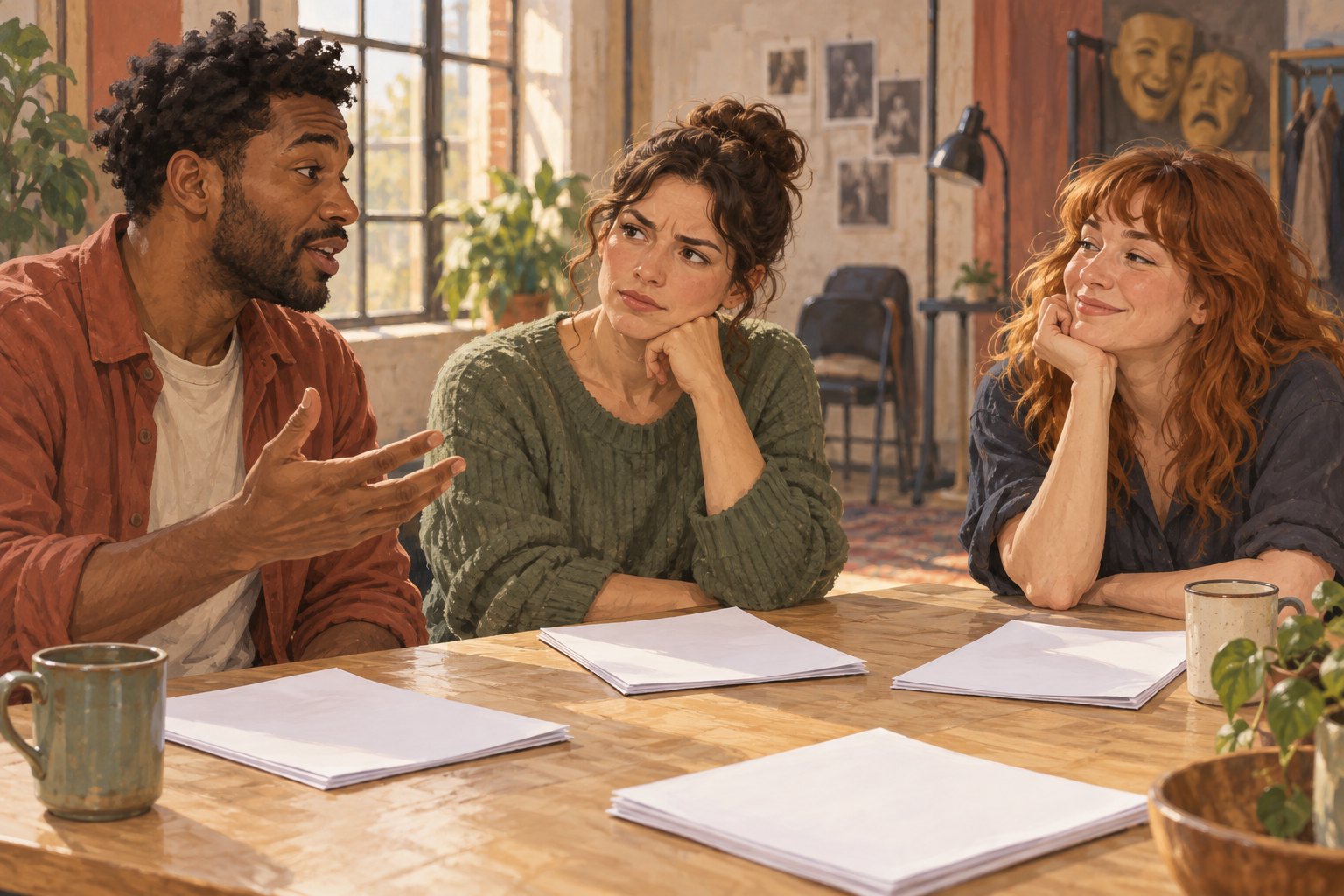 Conceptual illustration of three fictional adult performers practicing dialogue around a table in a sunlit rehearsal room.
