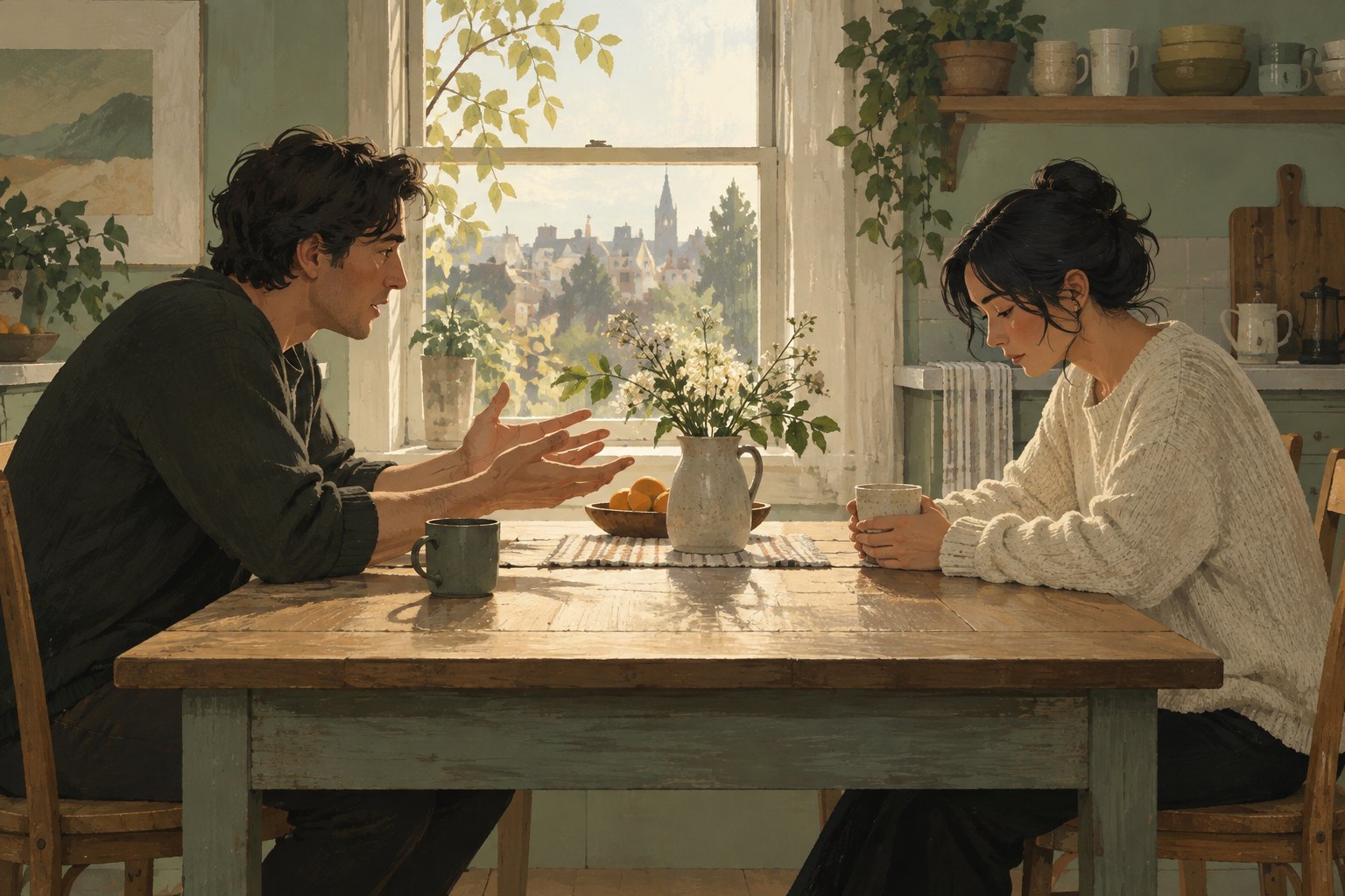 Conceptual illustration of two adults at a kitchen table, with one speaking while the other looks down at a cup.