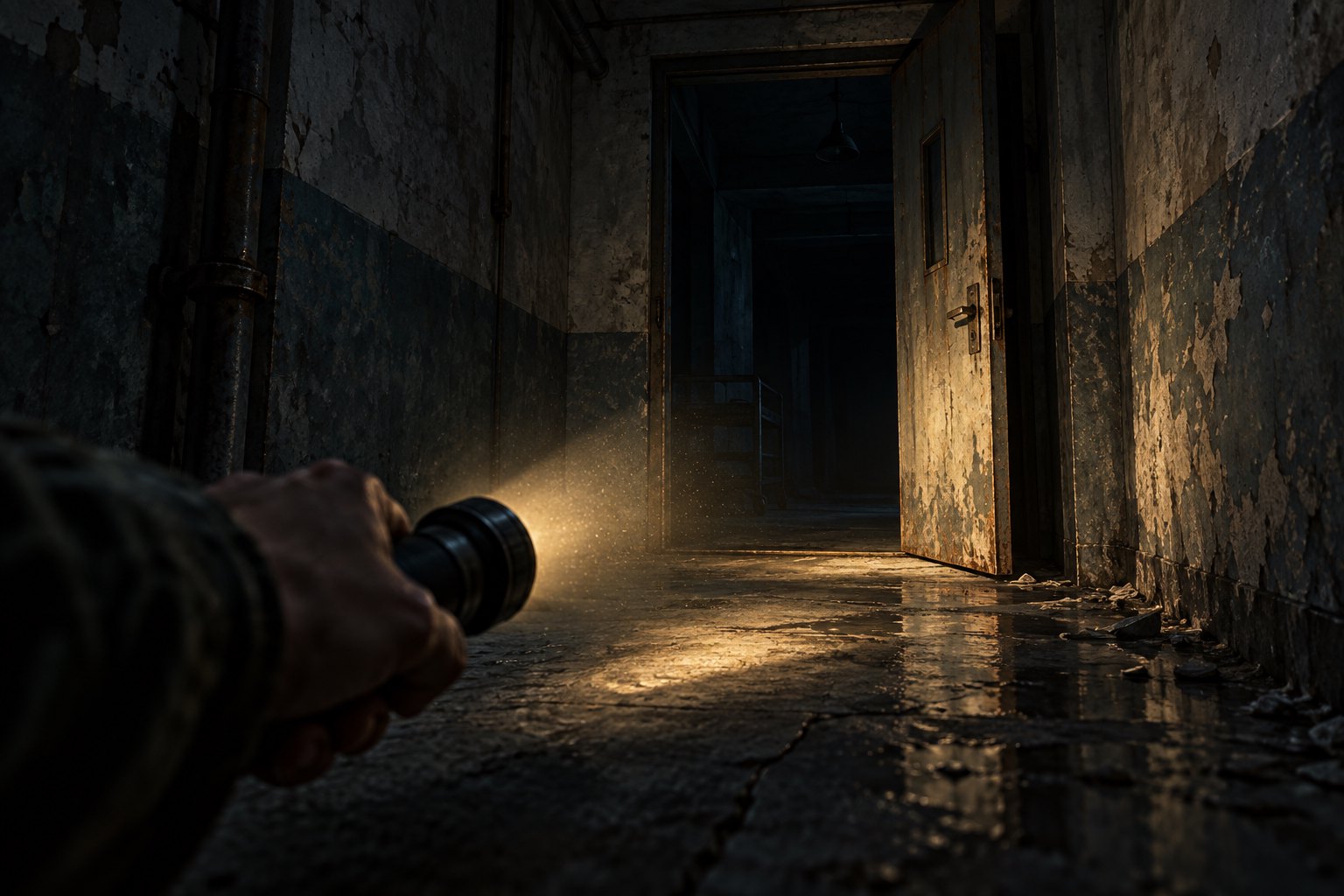 Conceptual horror illustration of a hand holding a flashlight toward an open door in a decaying corridor.