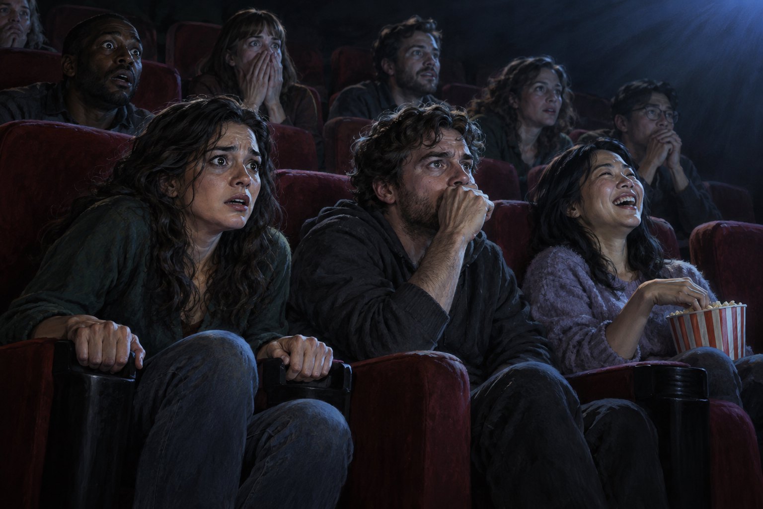 Original illustration of cinema spectators reacting with suspense, surprise, and laughter under cool projected light.